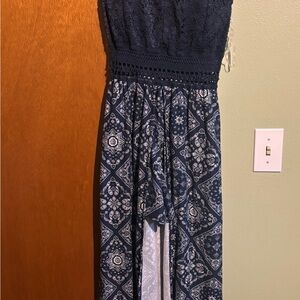 Navy Lace Bodice Paisley Maxi Dress